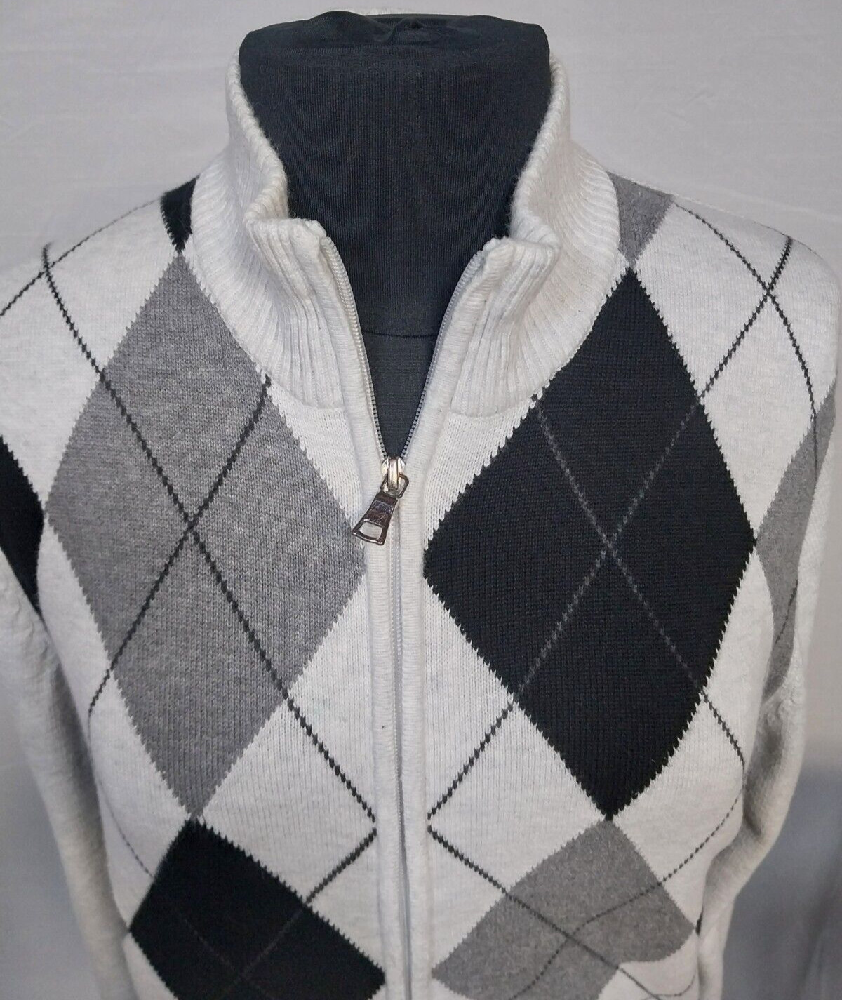 INC International Concepts Sweater Mens M White BLACK GRAY Argyle Full Zip