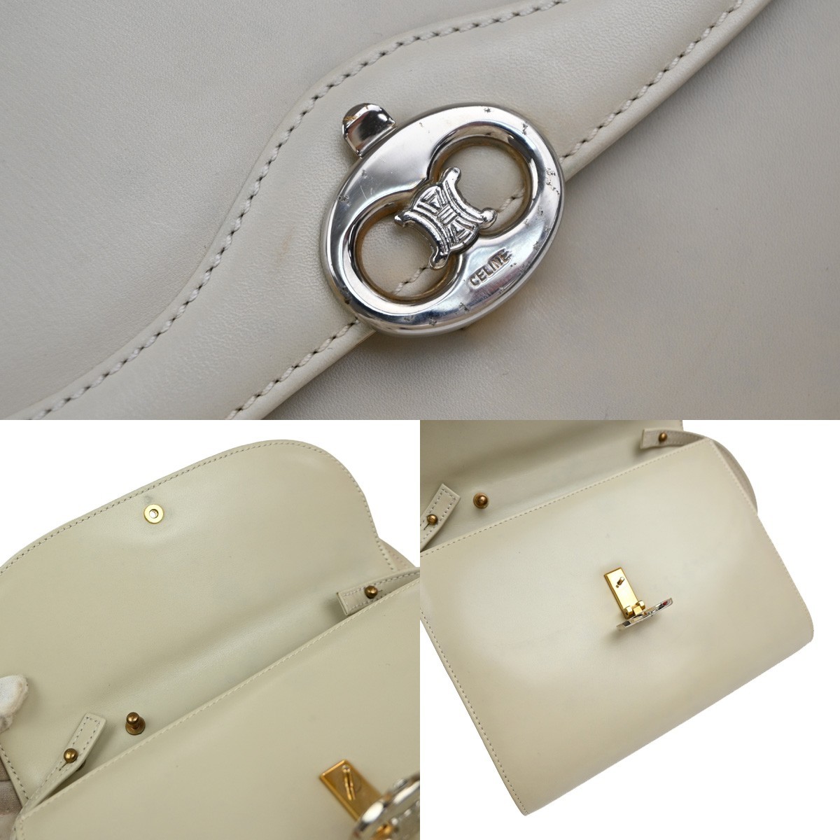 CELINE Logo 2Way Shoulder Clutch Bag Leather White GHW Italy 65KP568