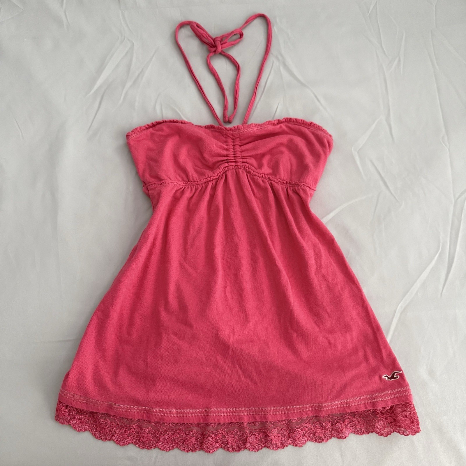 Vintage Hollister Top Size S Babydoll Bella Swan Pink Lace Trim Y2K Halter Tie