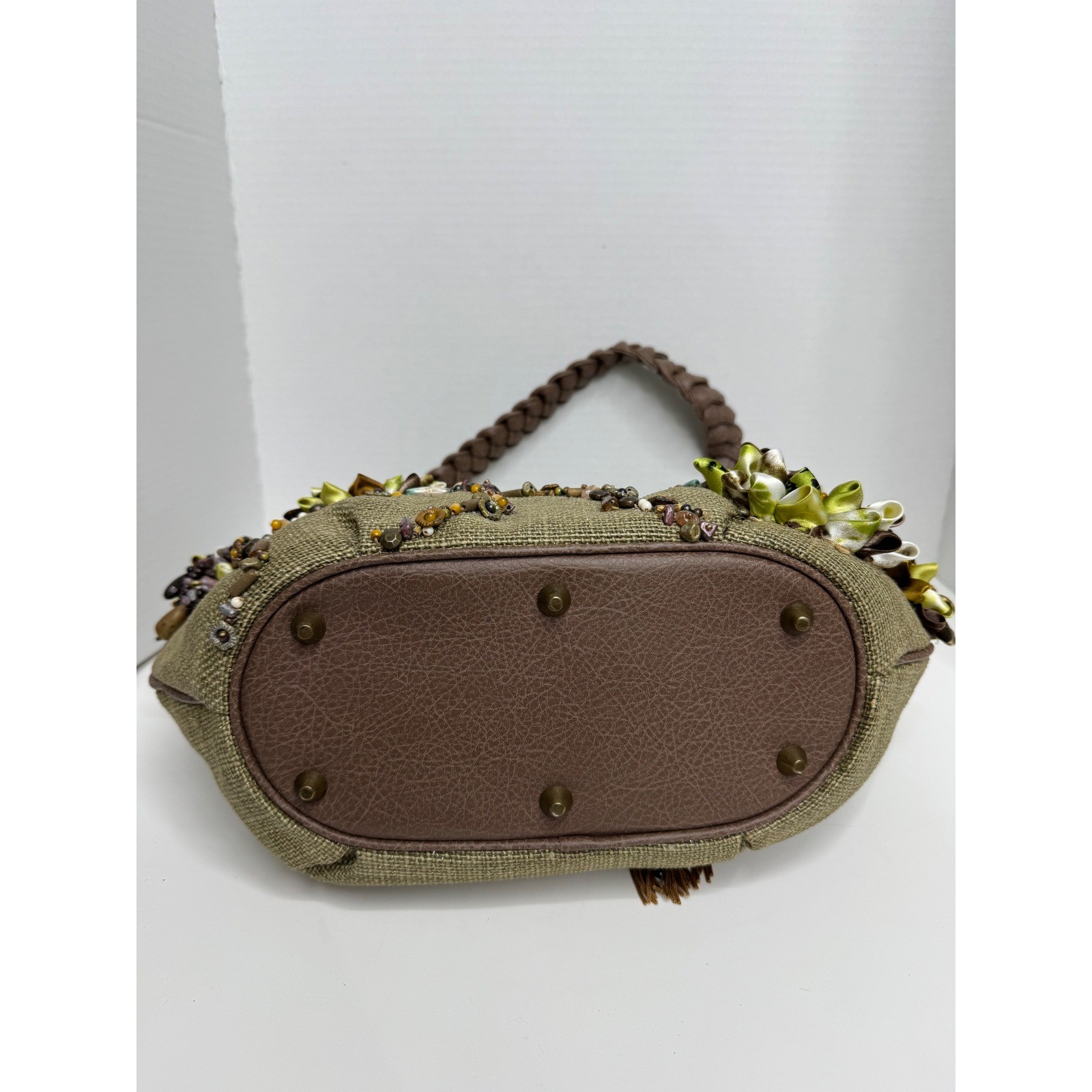 Mary Frances Olive Green Burlap Floral Embellished Beaded Hobo Bag Brown Braided
