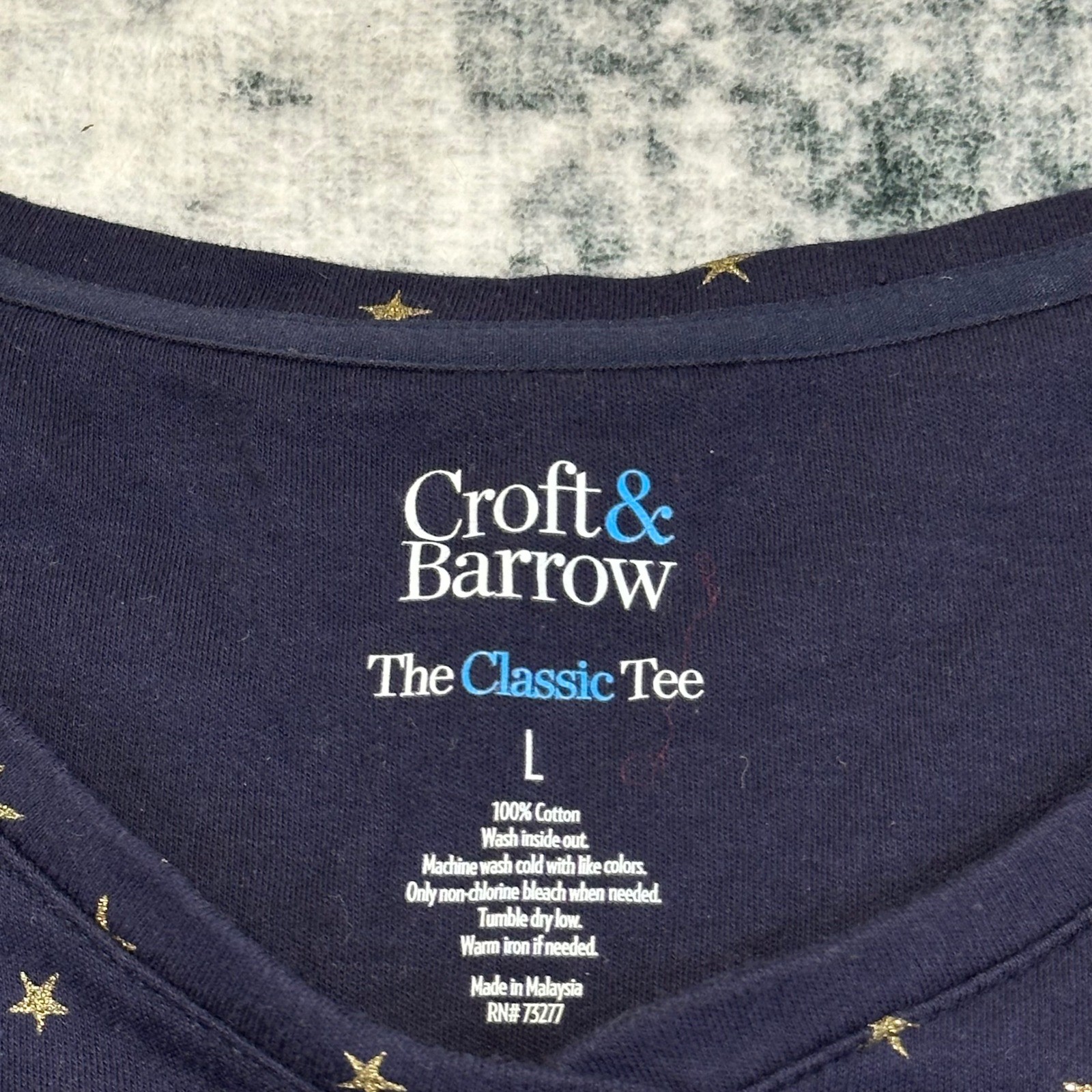 Croft & Barrow Long Sleeve Tee Womens L Navy Gold Star Print Classic Cotton Top