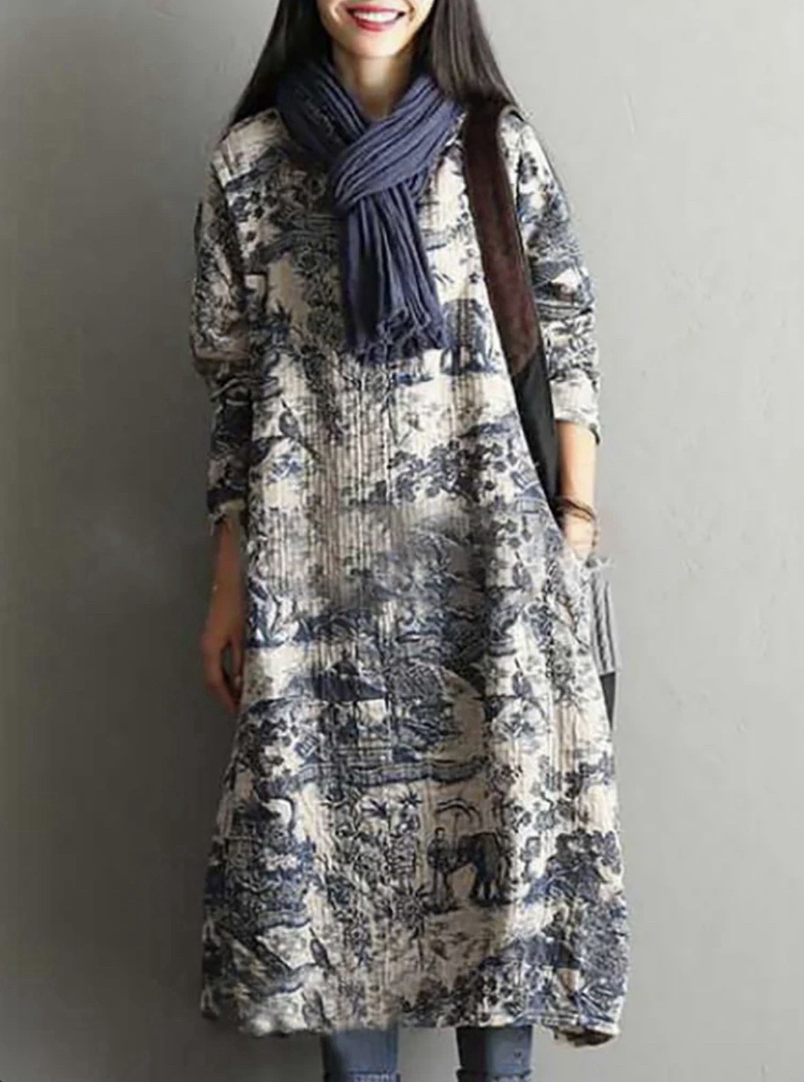 BUYKUD Lagenlook Cotton Beige/Navy Toile Midi Dress L