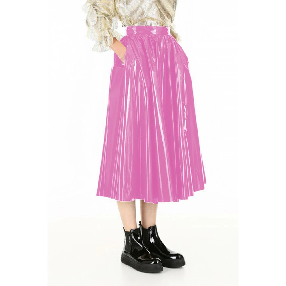 Vinyl PVC Leather Midi Skirts Casual Fashion Female High Waist A-line Skirt