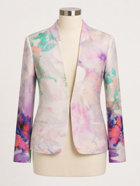 Escada Jacket Blazer 100% Silk Floral EU 36 US 4 Ivory Pastel Hook Front