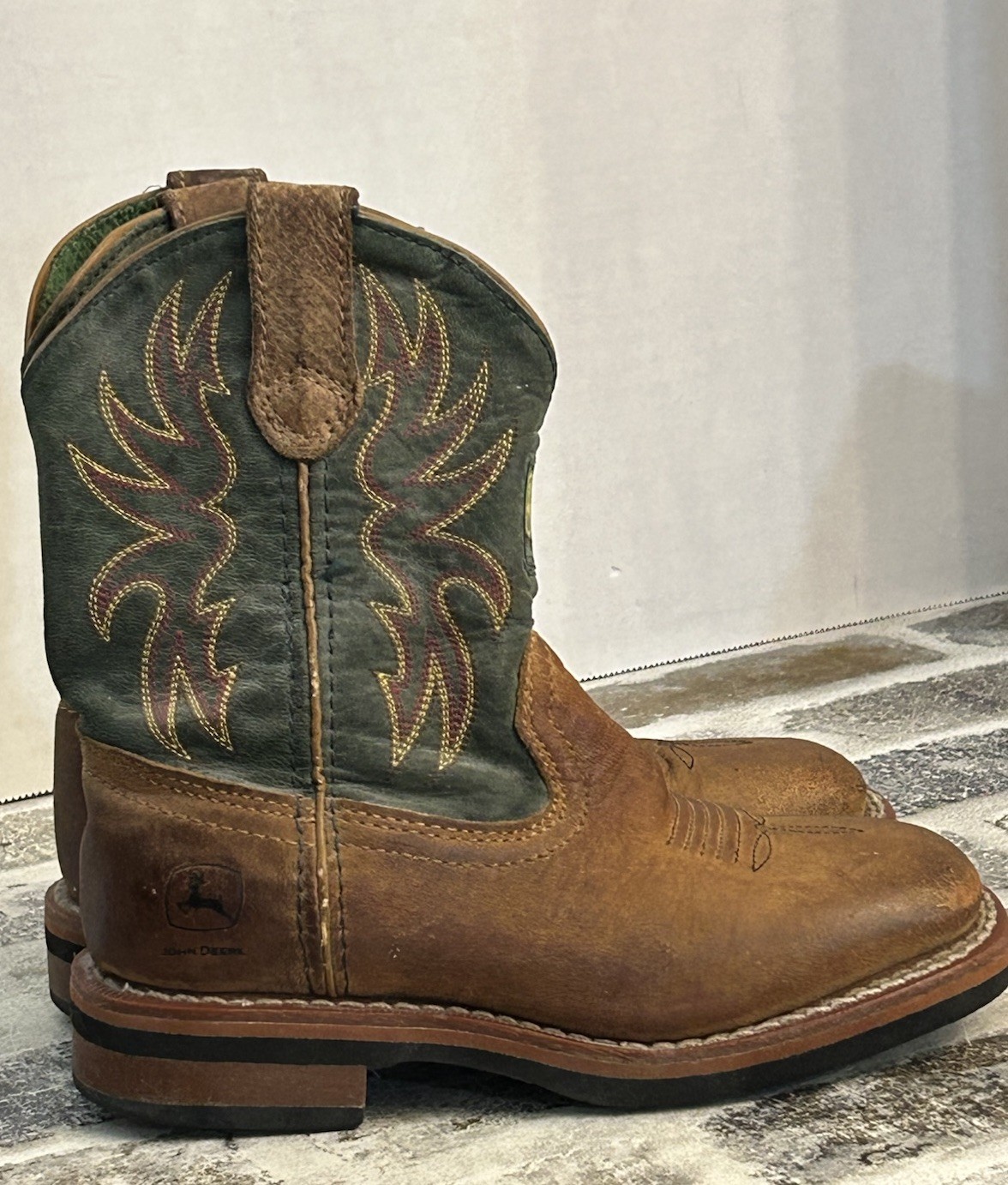 John Deere Dan Post Boot Co Brown Green Leather Cowboy Boots JD2316 Boys 12M