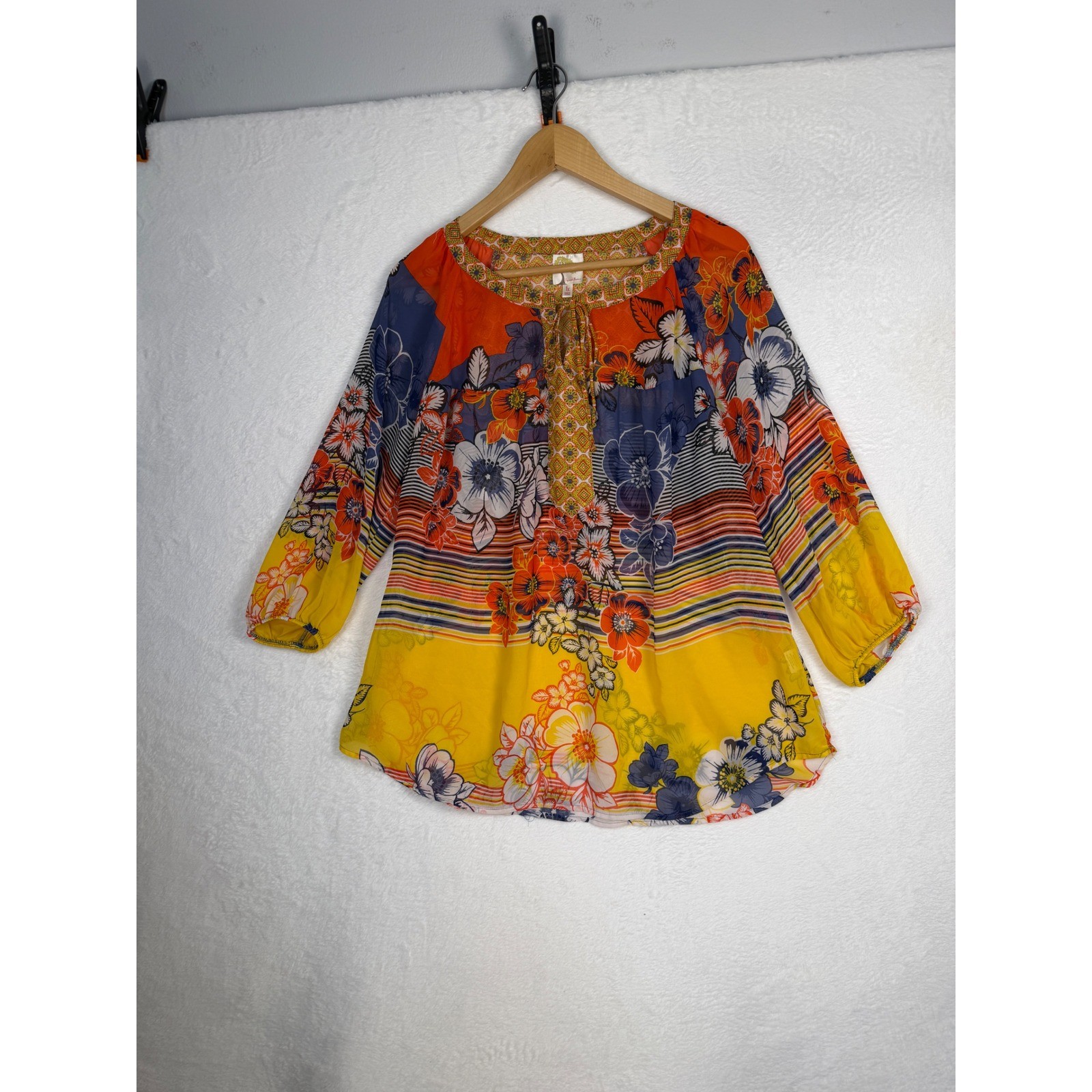 Fig and Flower Floral Peasant Blouse 1X Multicolor Boho Tie Neck 3/4 Sleeve Top