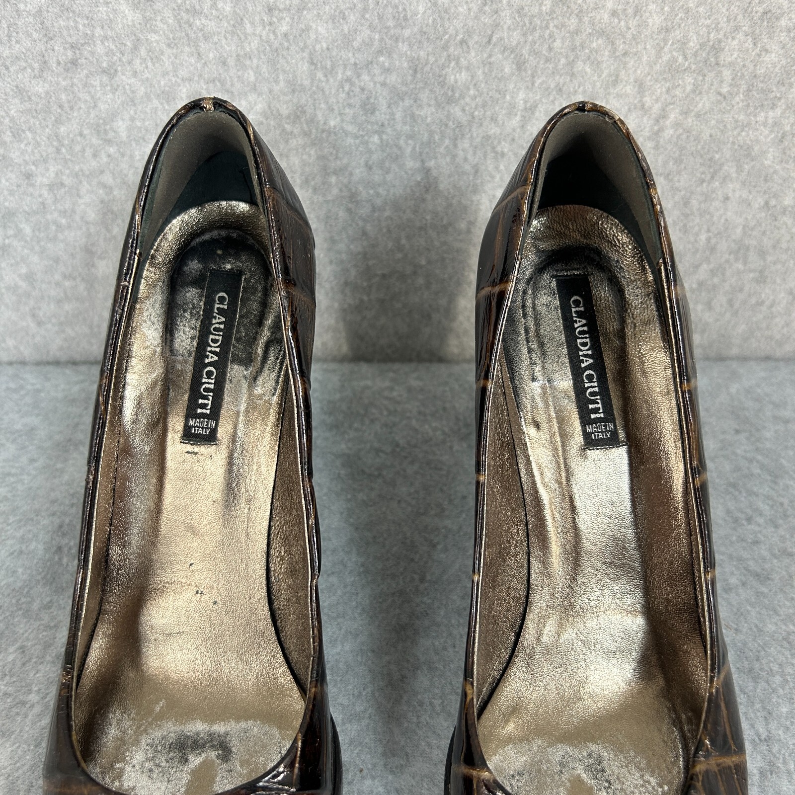 Claudia Ciuti Sz 7.5 Brown Almond Toe Crocodile Print Heels Pumps Block Vintage