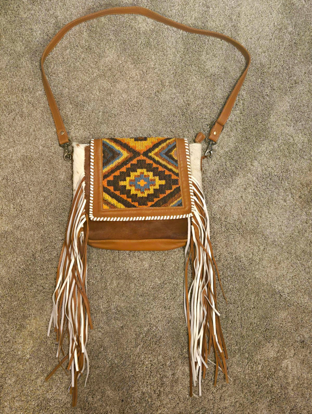 Myra Bag Genuine Leather Hair-On Cowhide Fur Fringe Western Crossbody Purse.