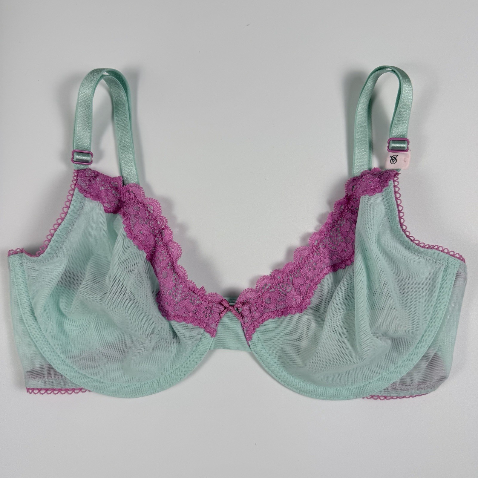Victoria’s Secret Tease Unlined Demi Bra Aqua Mint Sheer Mesh Pink Lace 36DDD