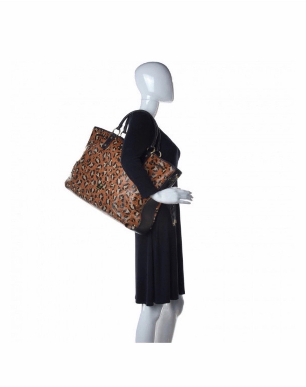 MCM Leopard Print Satchel Top Handle Bag Brown Black Drawstring Gold Dust Bag