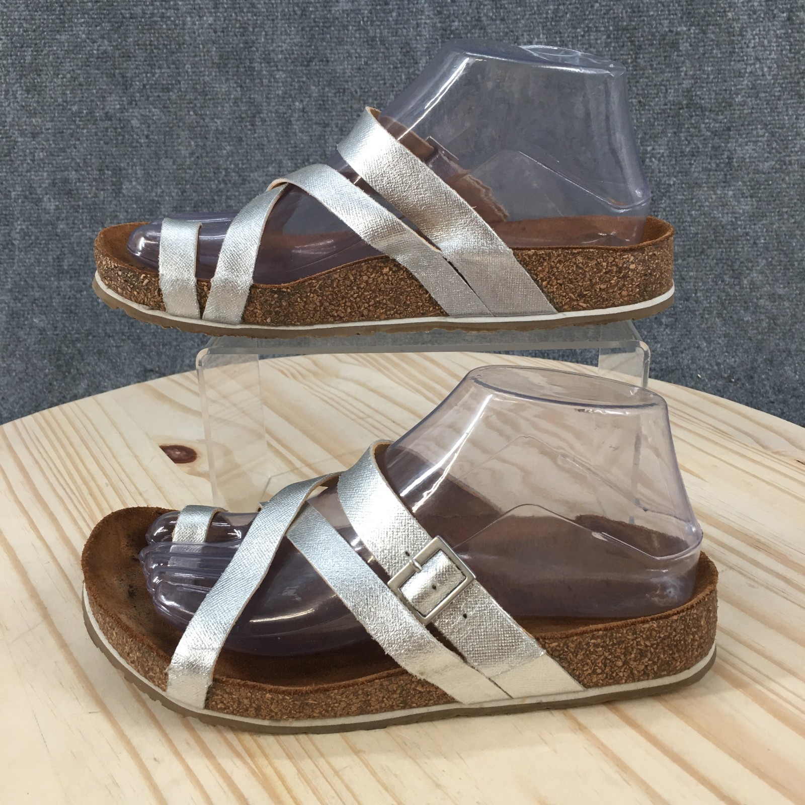 Haflinger Sandals Women 38 Strappy Cork Buckle Strap Casual Flat Silver Brown