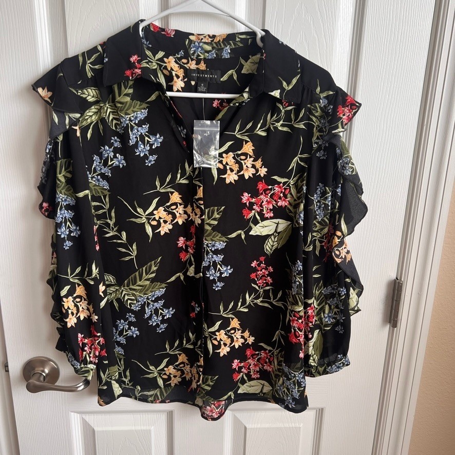 NEW Investments Floral Ruffle Sleeve Blouse Top Black Multicolor Womens Size S