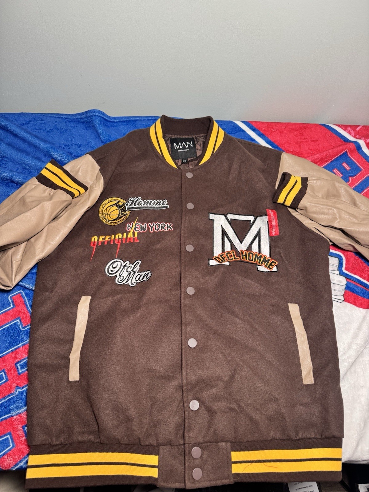 BoohooMan Varsity Jacket Brown XL