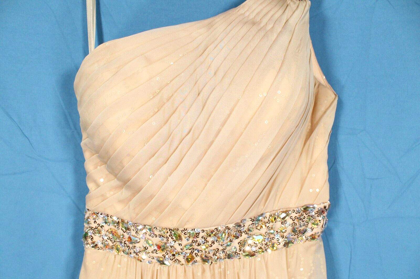 LA FEMME Champagne CHIFFON Beaded/Sequin ONE-SHOULDER Prom/Homecoming Dress Sz 4