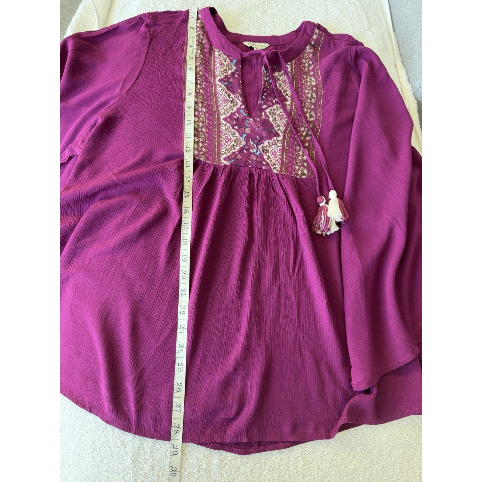 Frye And Co Top 3/4 Bell Sleeve Split Tie Neck Yoke Detail Burgundy Boho Sz-XXL