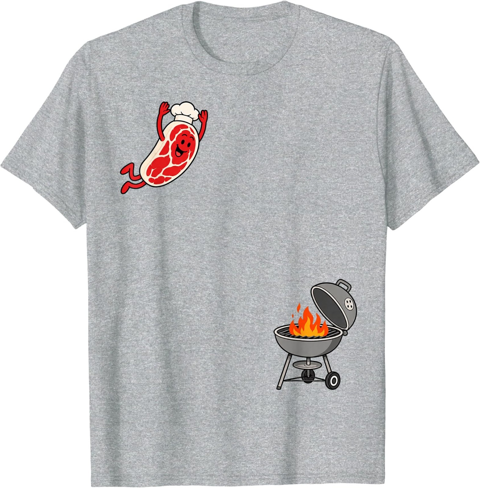 Funny Chef Steak Jumping Into BBQ Grill Cartoon T-Shirt