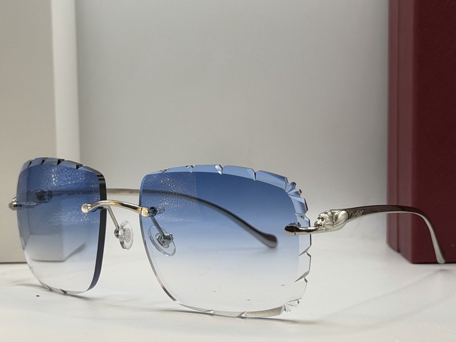 Cartier Panthere CT0061O 60mm Diamond Cut Gradient Blue Lens Silver Sunglasses