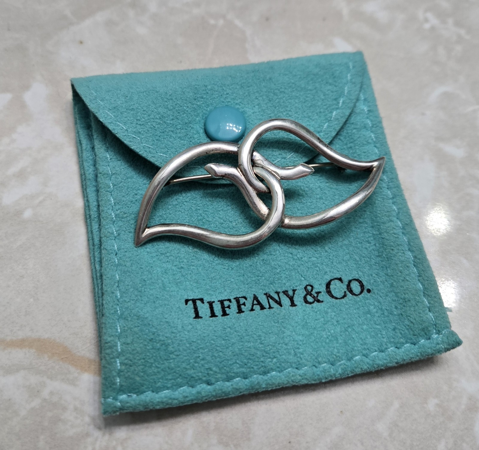 TIFFANY & CO Silver 925 Double Open Leaf Brooch with Pouch