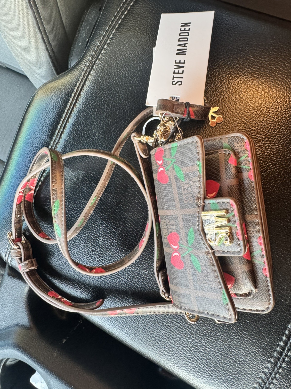 Steve Madden Embroidered Red Cherry Print ZA Wallet + Wrist Strap NWT