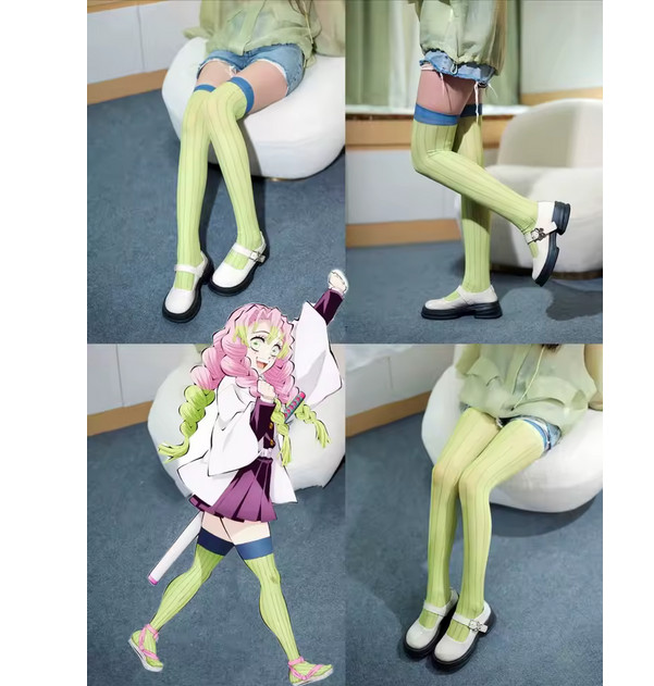 Anime Demon Slayer Kanroji Mitsuri Cosplay Over Knee Stocking Green Striped New
