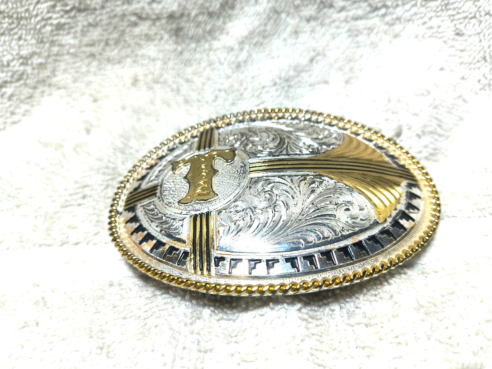 Montana Silversmiths Letter T Buckle Aztec Rope Edge Silver Gold Oval Vintage
