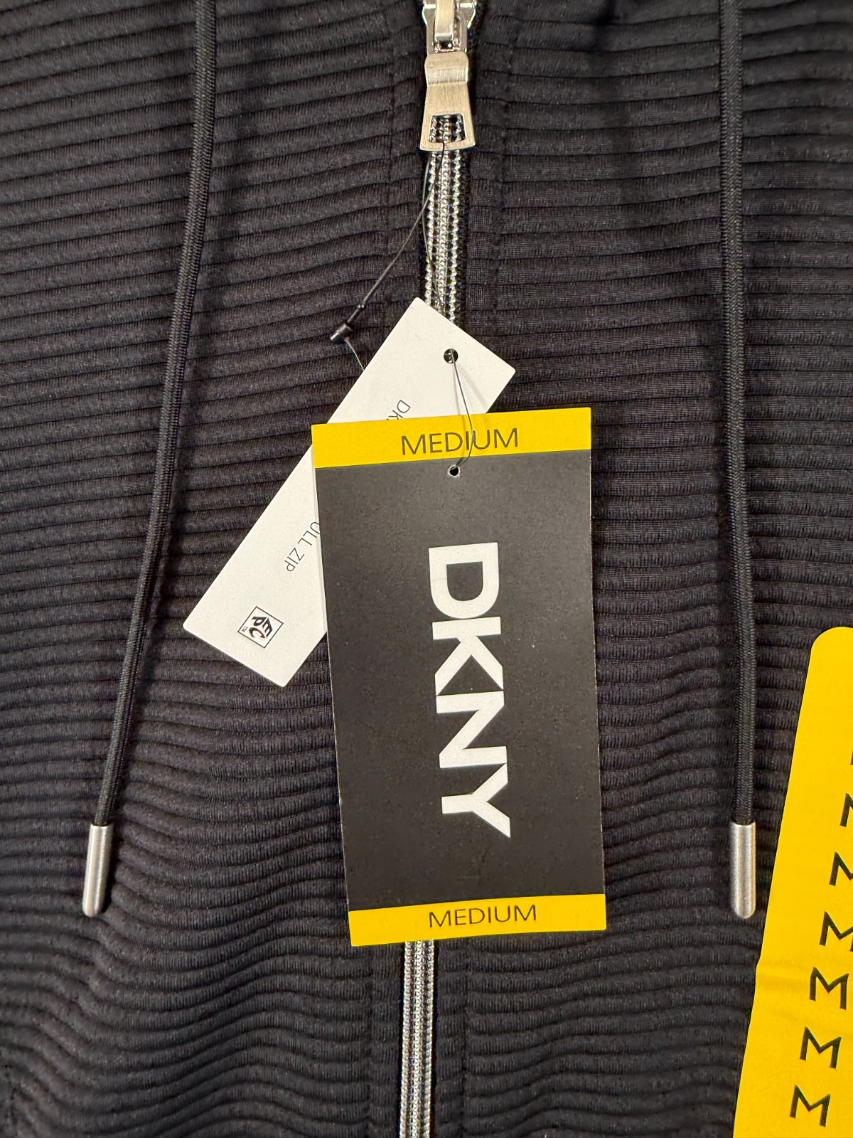 DKNY Ottoman Full Zip Hoodie Womens Medium Black Stretch Lined Drawstring NWT