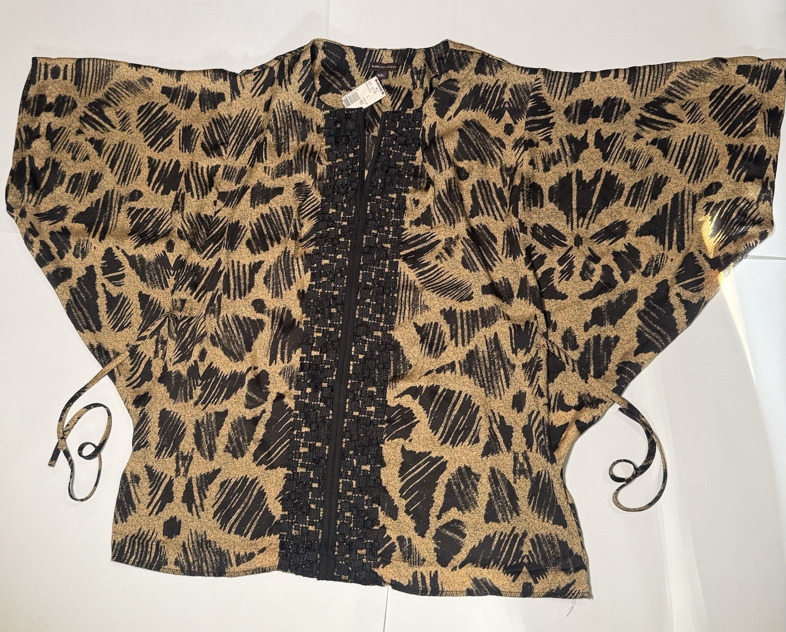 NWT Dana Buchman Dolman Sleeve Blouse Top Black Gold Abstract Animal Print Large