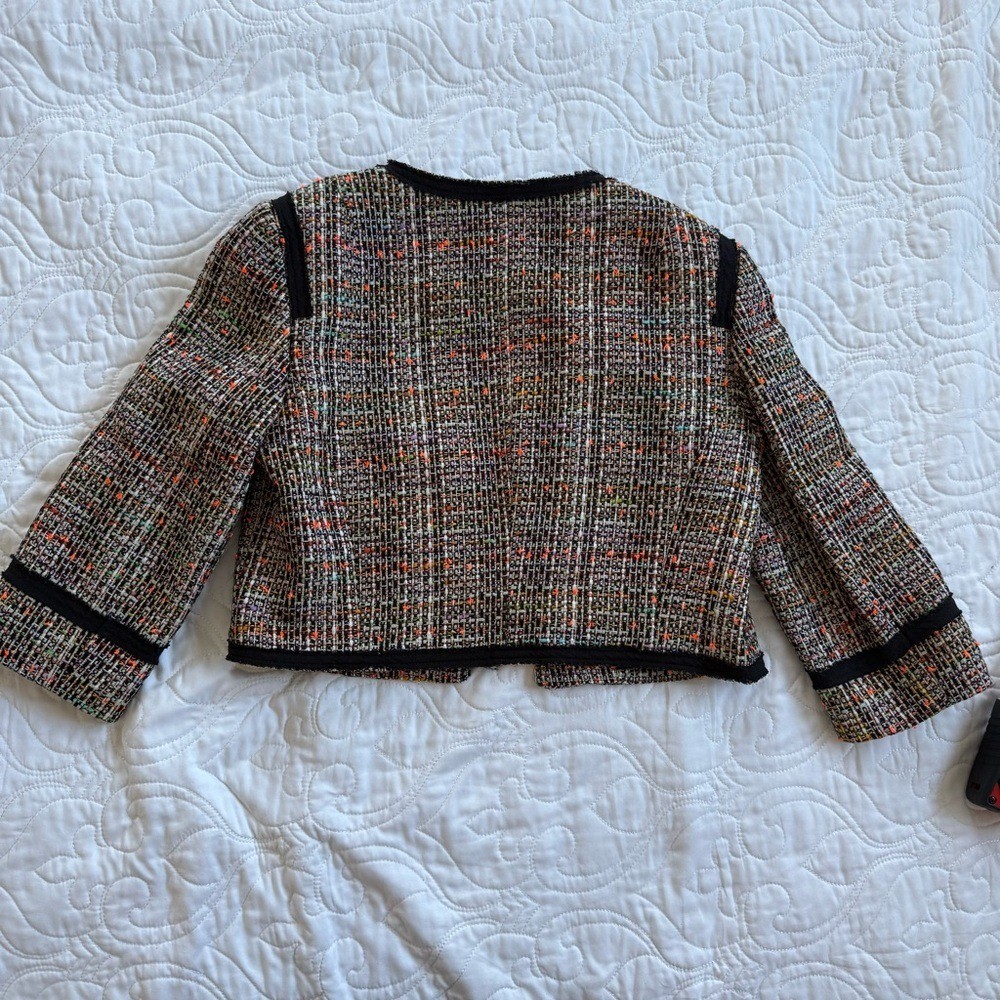 Trina Turk Multicolor Tweed Black Trim Cropped Career Blazer Jacket Womens 0 EUC