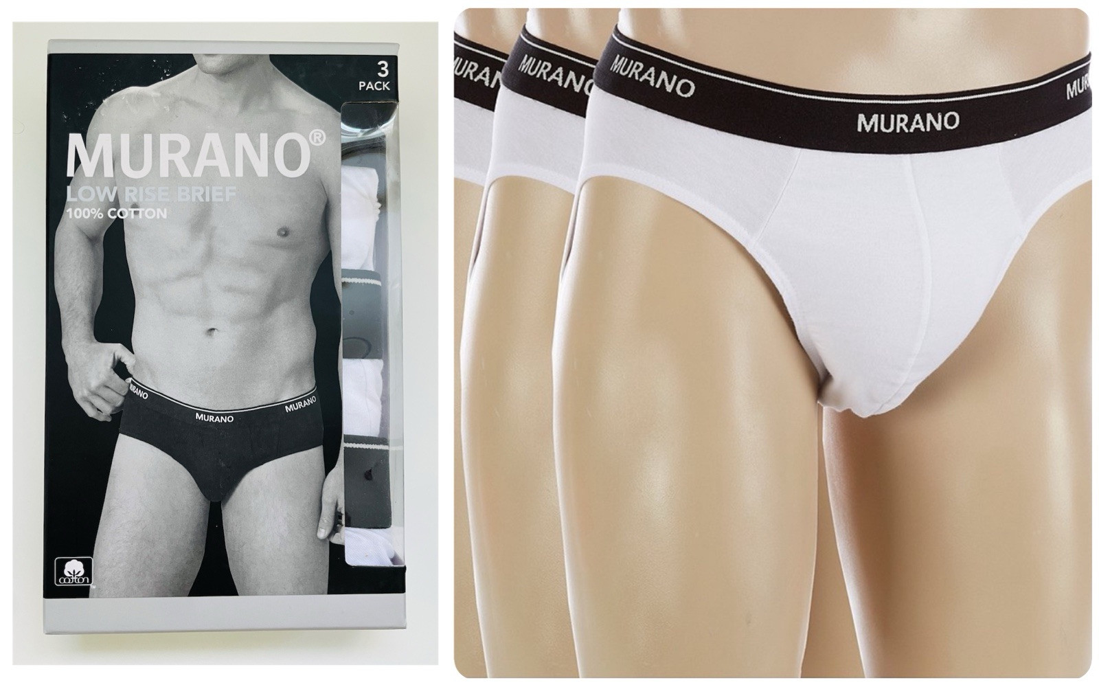3-Pack of Murano Men’s 100% Cotton Low Rise Briefs, White With Black Waistband