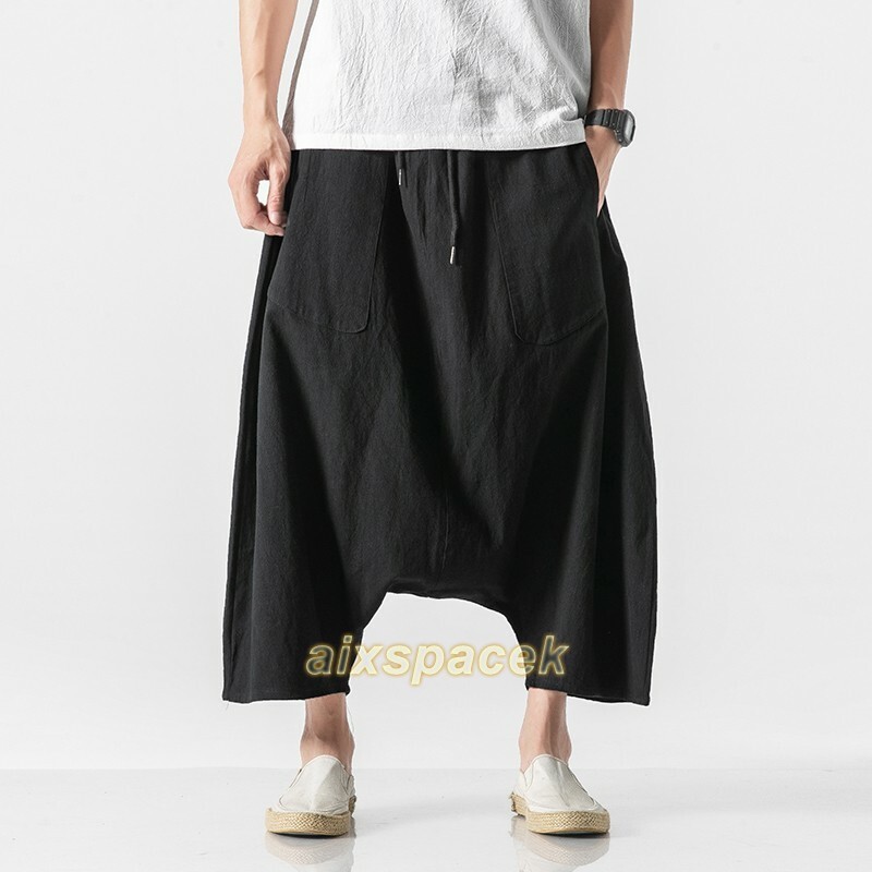 Summer Men’s Cotton Linen Drop Crotch Baggy Big Fork Pants Trouser Chinese