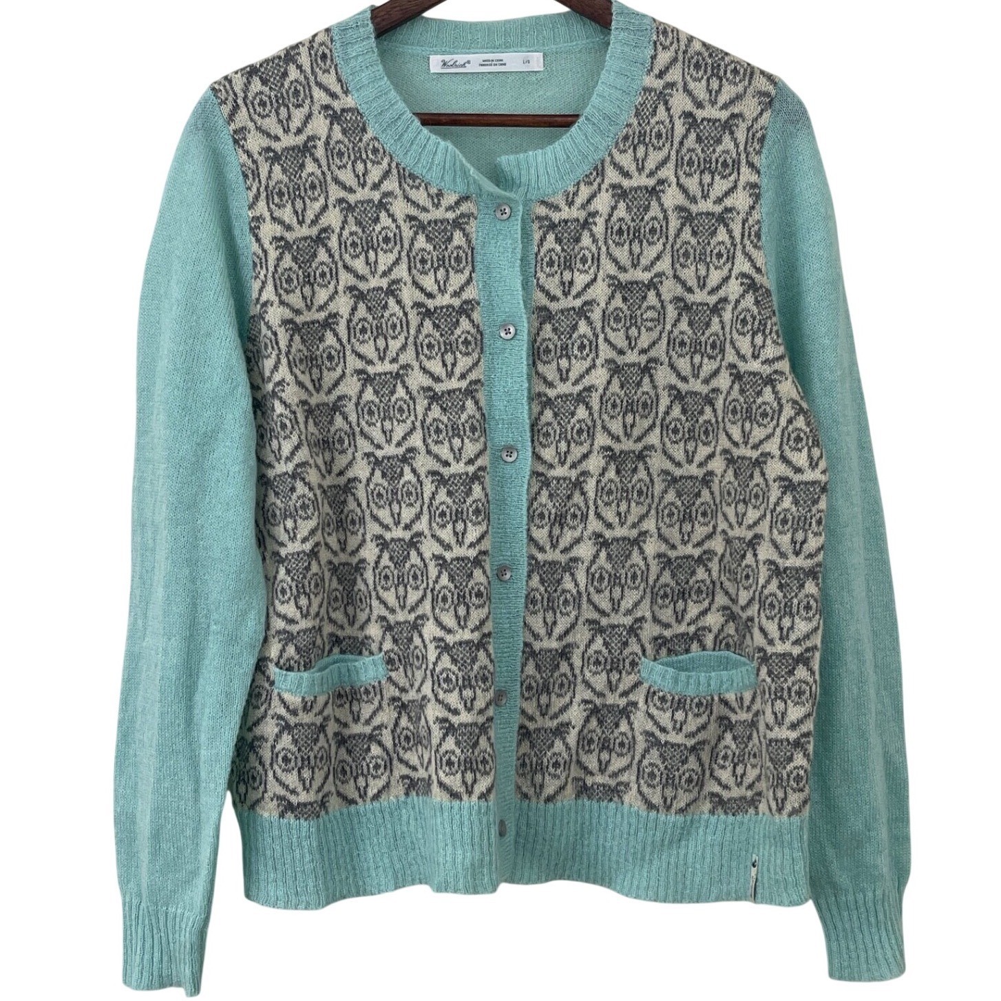 Woolrich Womens Wool Mohair Blend Cardigan Sweater Large Owl Pattern Aqua Blue