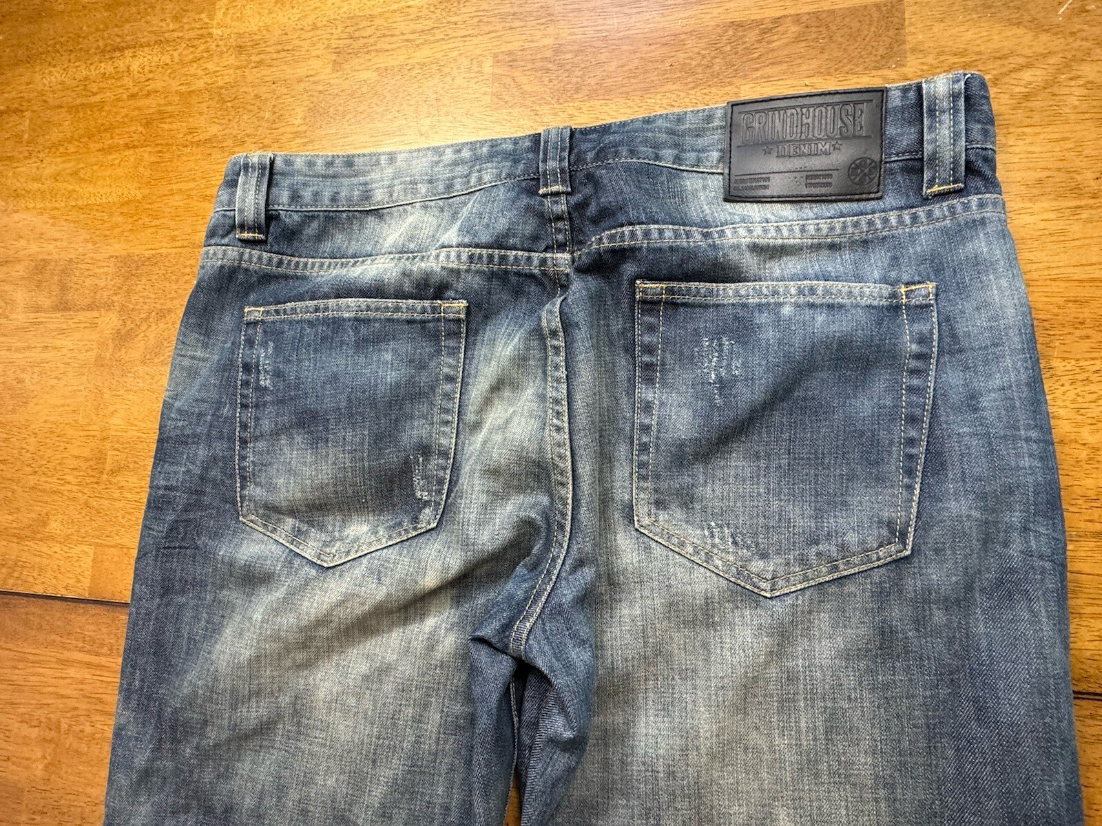 Grindhouse Bleach Washed Jeans Unique Design Mens Size 38×32 Slim Straight Fit