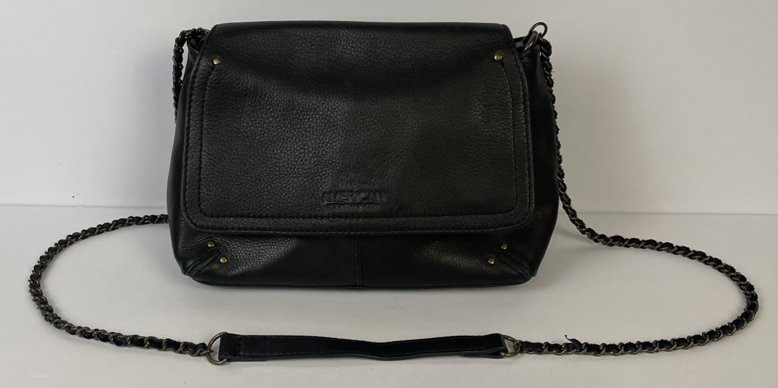 American Leather Co Black Leather Crossbody Bag 12”x6”x4” Magnetic Closure Good