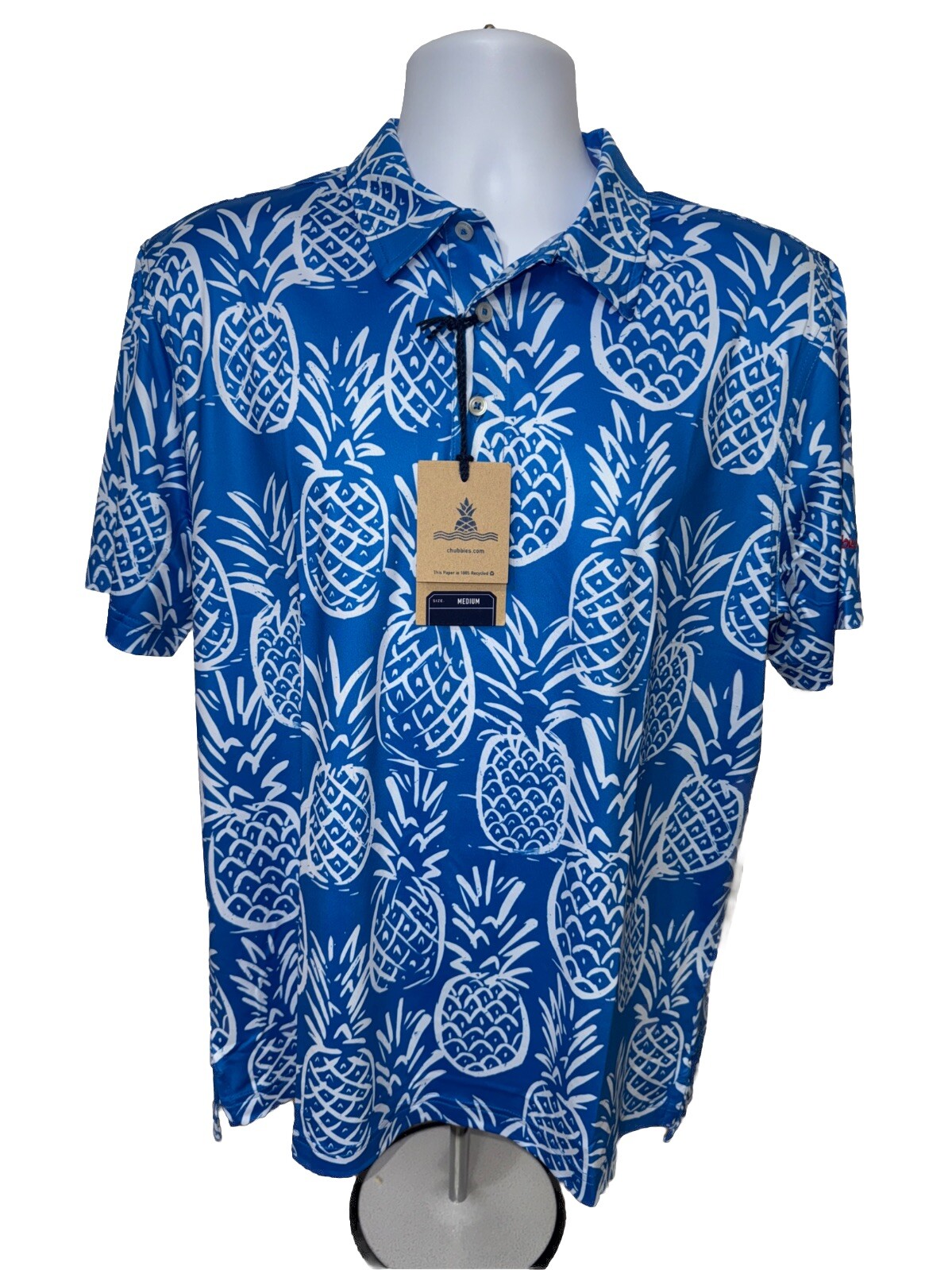 Chubbies Men’s The Thigh Napple Performance Polo Shirt-Blue Pineapple-Medium-New