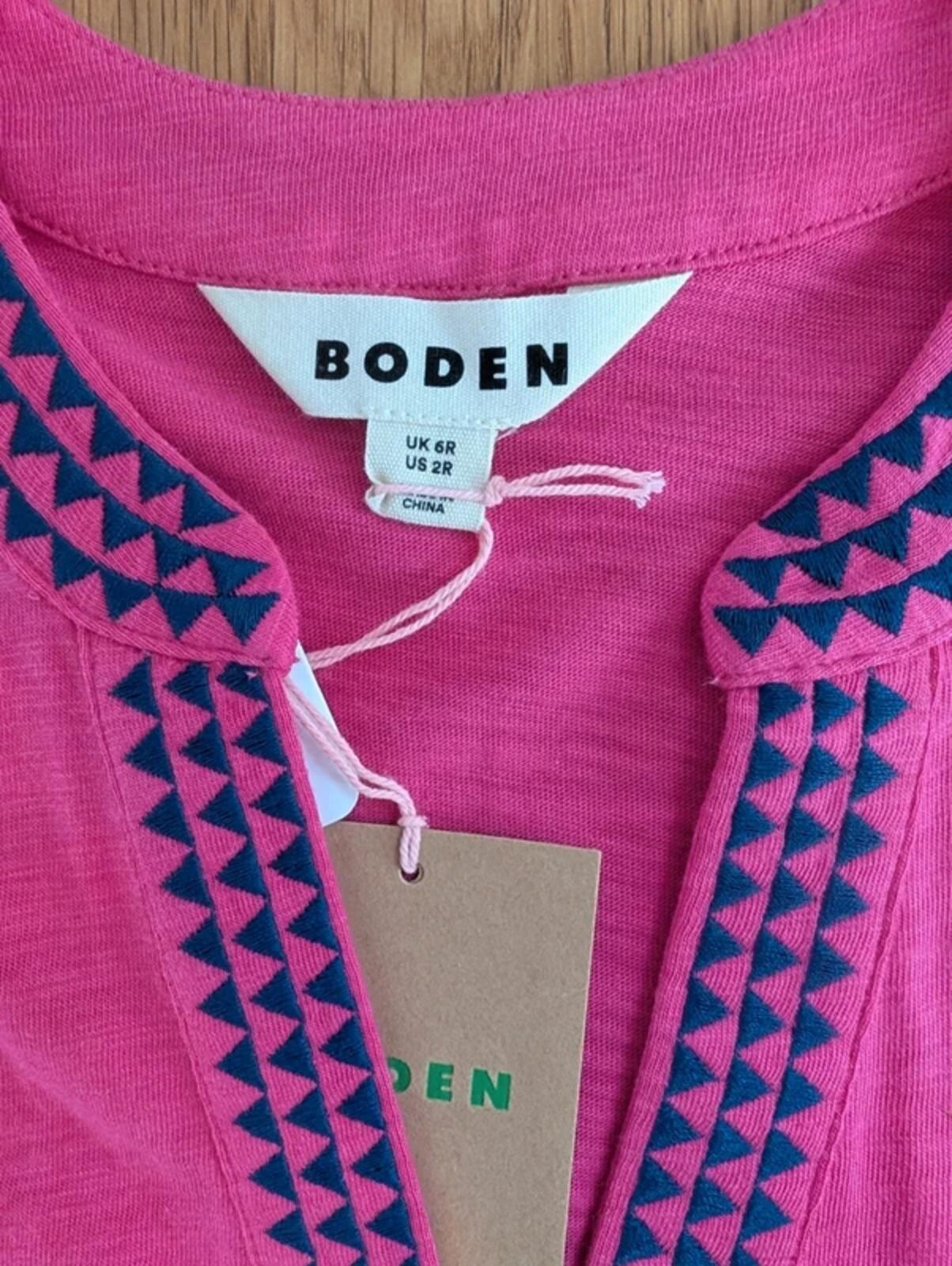 Boden Pink Jersey Dress UK 6 Bright Pink Embroidered Neckline Never Worn