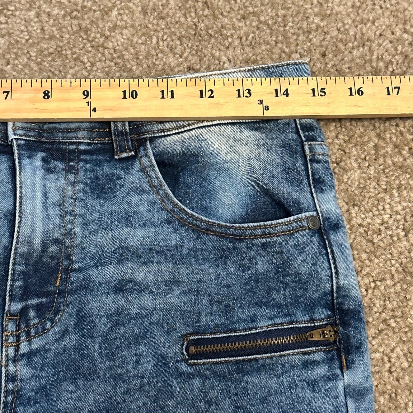 Mens Biker Jeans 30X30 Acid Wash Blue Moto Denim Ribbed Knee Zipper Slim Fit