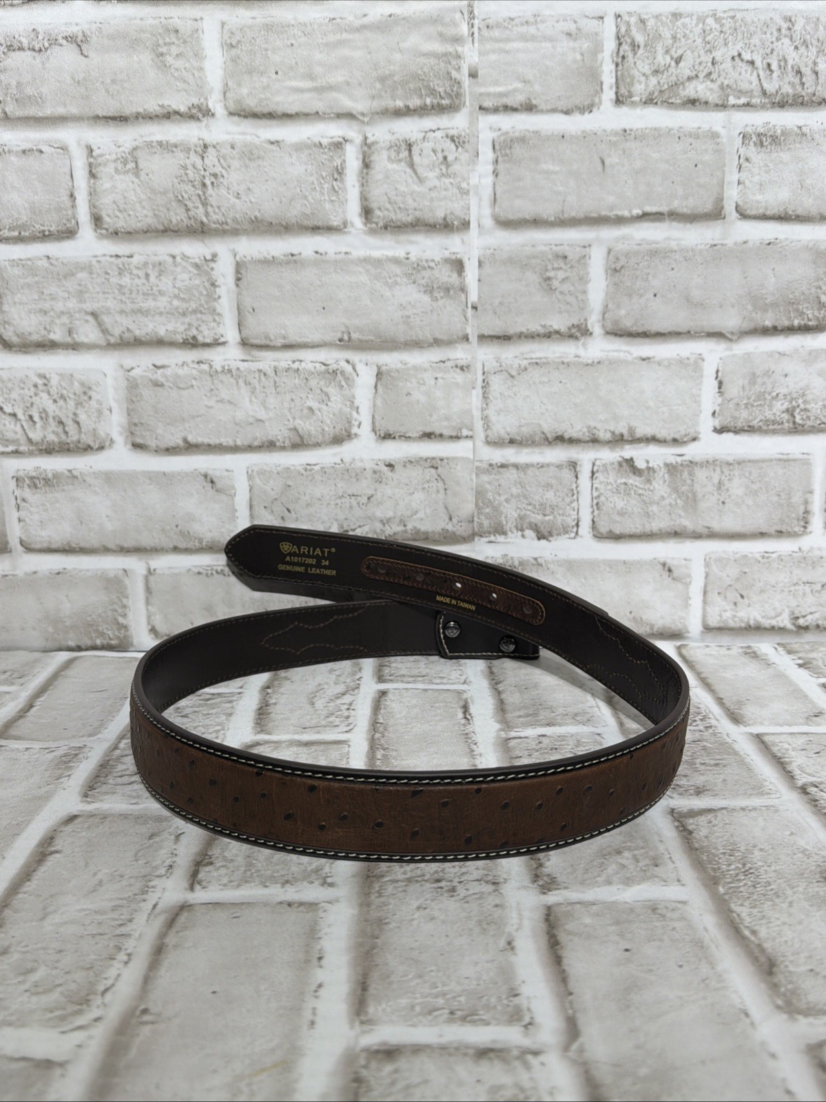 Ariat Men Limited Edition Ostrich Tooled Brown Leather Belt Only No Buckle Sz 34