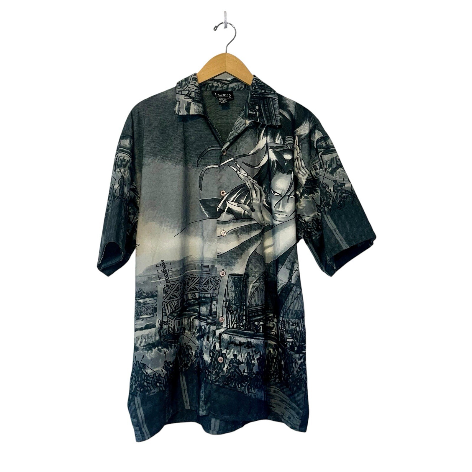 Vtg R-WORLD Japanese Samurai Anime All Over Print Graphic Button Up Shirt Sz LG