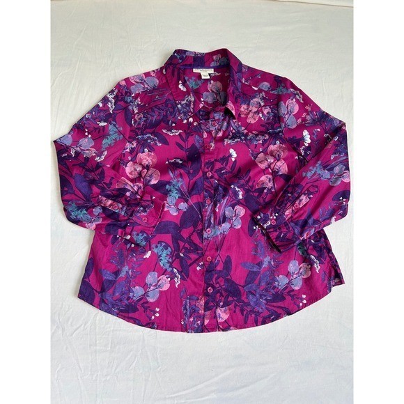 Appleseeds Petites Magenta Floral Button Down Shirt 18PS A35300 Purple Pink