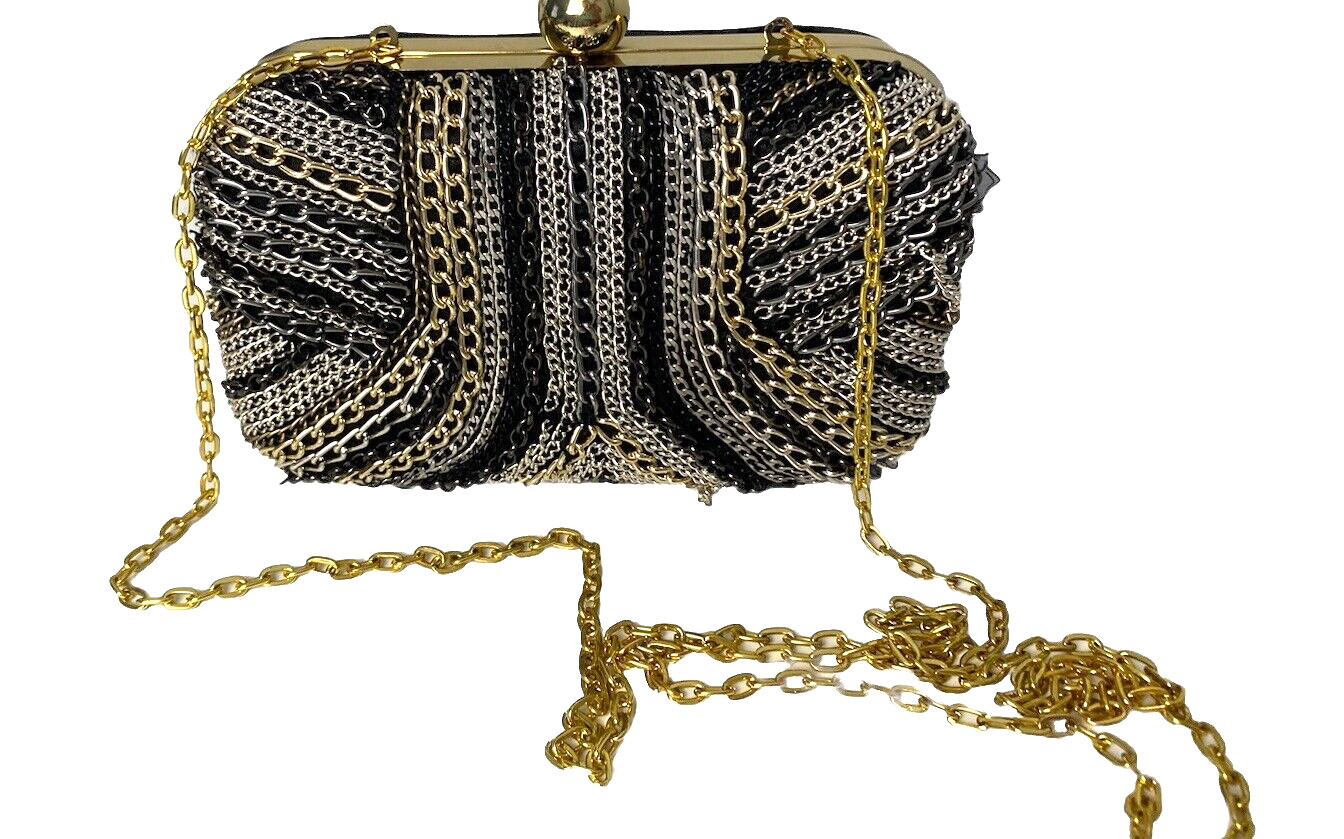 Jessica McClintock Zipper Detail Sparkle Box Clutch Purse Drop In Chain Strap
