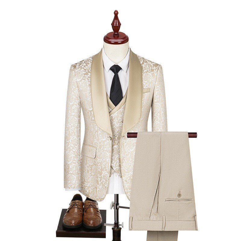 Men’s Formal Tuxedo Suits Embroidered Paisley Blazer Jacket Vest Pants Set 3pcs