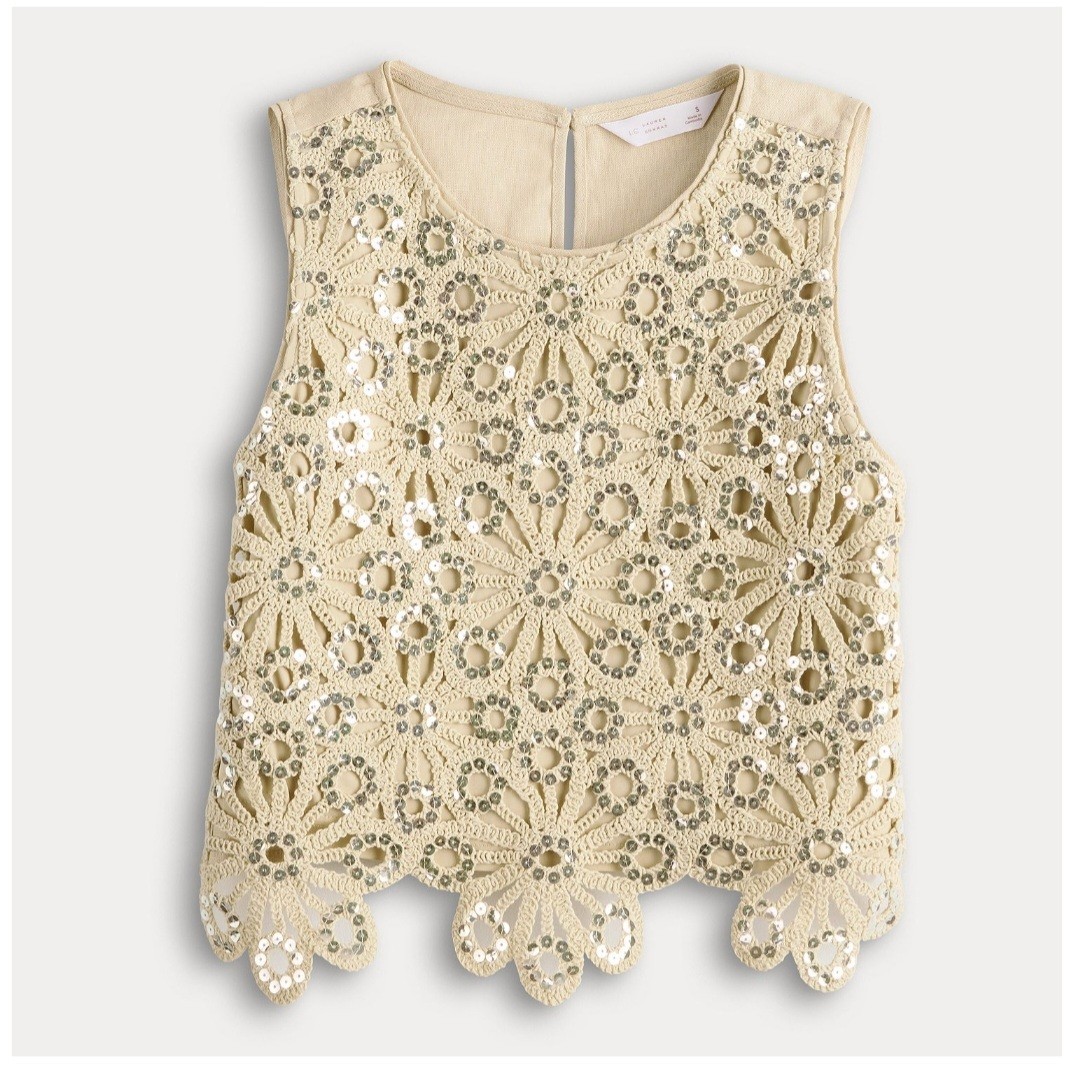 Lauren Conrad Tan Floral Crochet Sequin Sleeveless Tank Glam Boho Linen Blend M