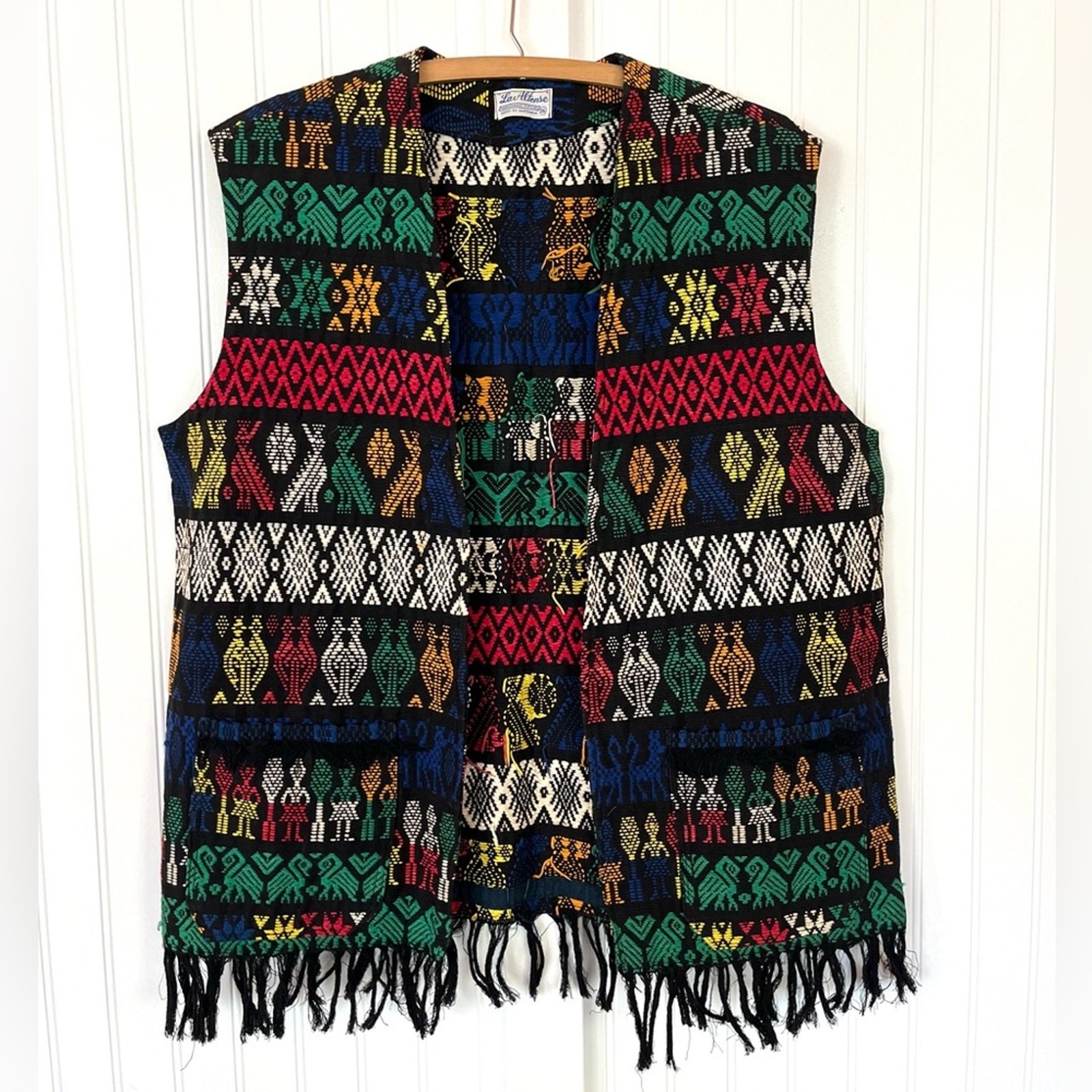 Vintage Tribal Woven Fringe Vest Multicolor Patterned Figural Abstract Size 16