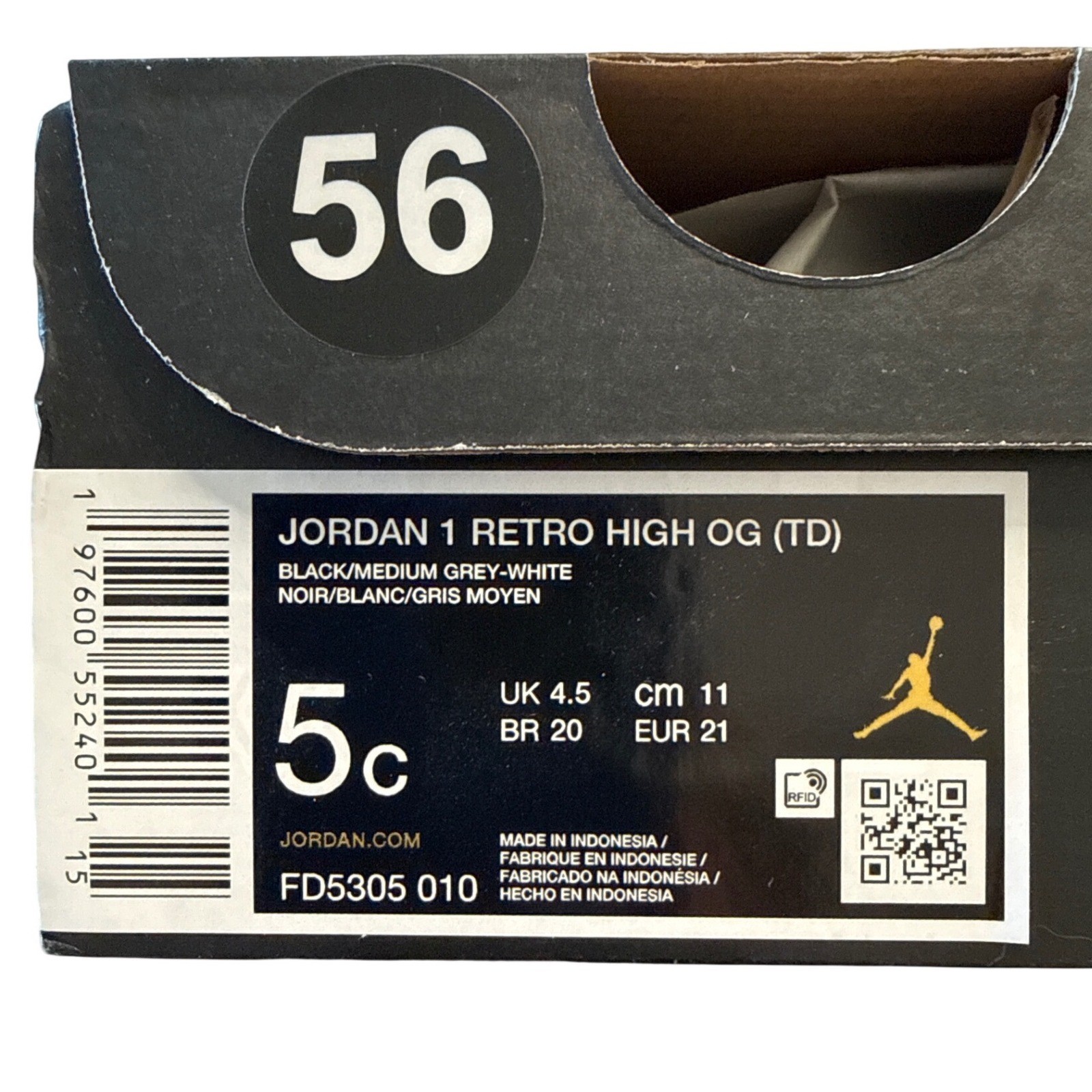 Nike Air Jordan 1 Retro High OG TD Black Grey White 5C FD5305-010 Brand New w/