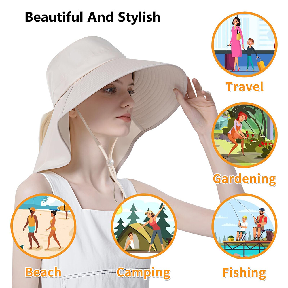 Wide Brim Sun Hat UV Protection Neck Cover Flap Women Ponytail Outdoor Beach Cap