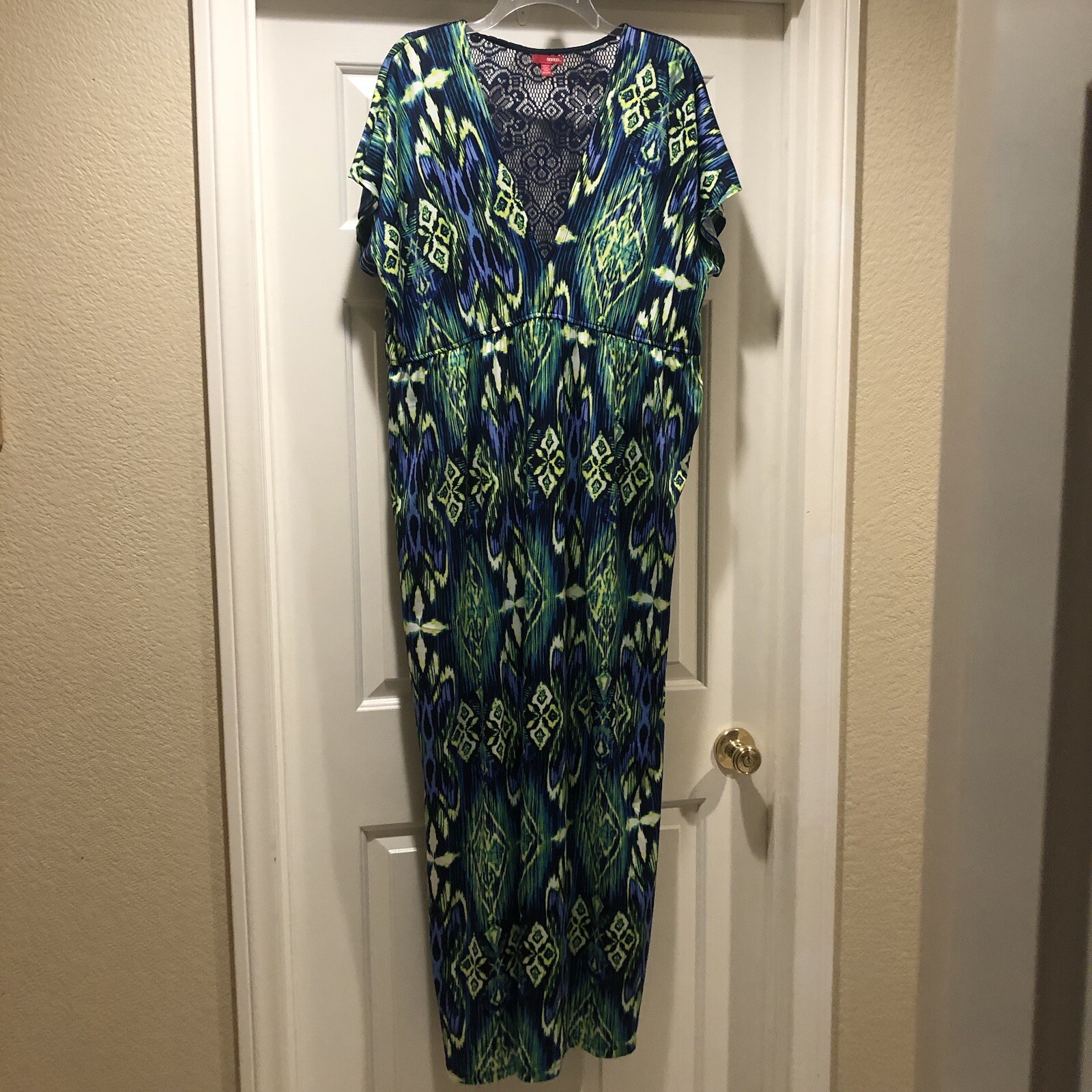 BONGO Women’s 2X Maxi Long Dress Sleeveless Green Blue Boho V-Neck