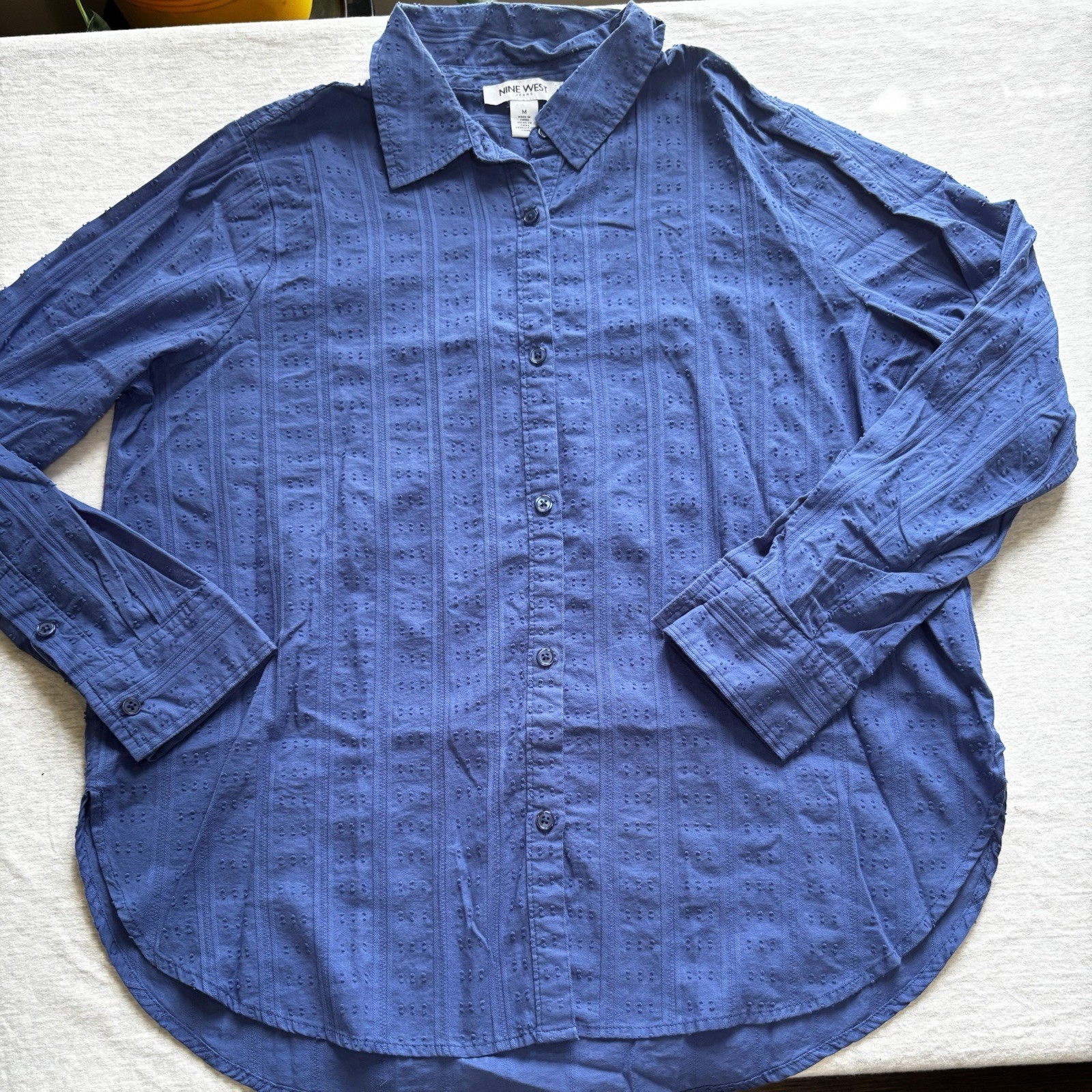 Nine West Blue Pintuck Textured Button-Up Cotton Shirt Medium