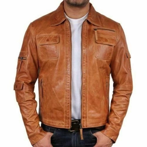 Men’s Vintage Tan Brown Genuine Lambskin Leather Jacket Distressed Biker Jacket