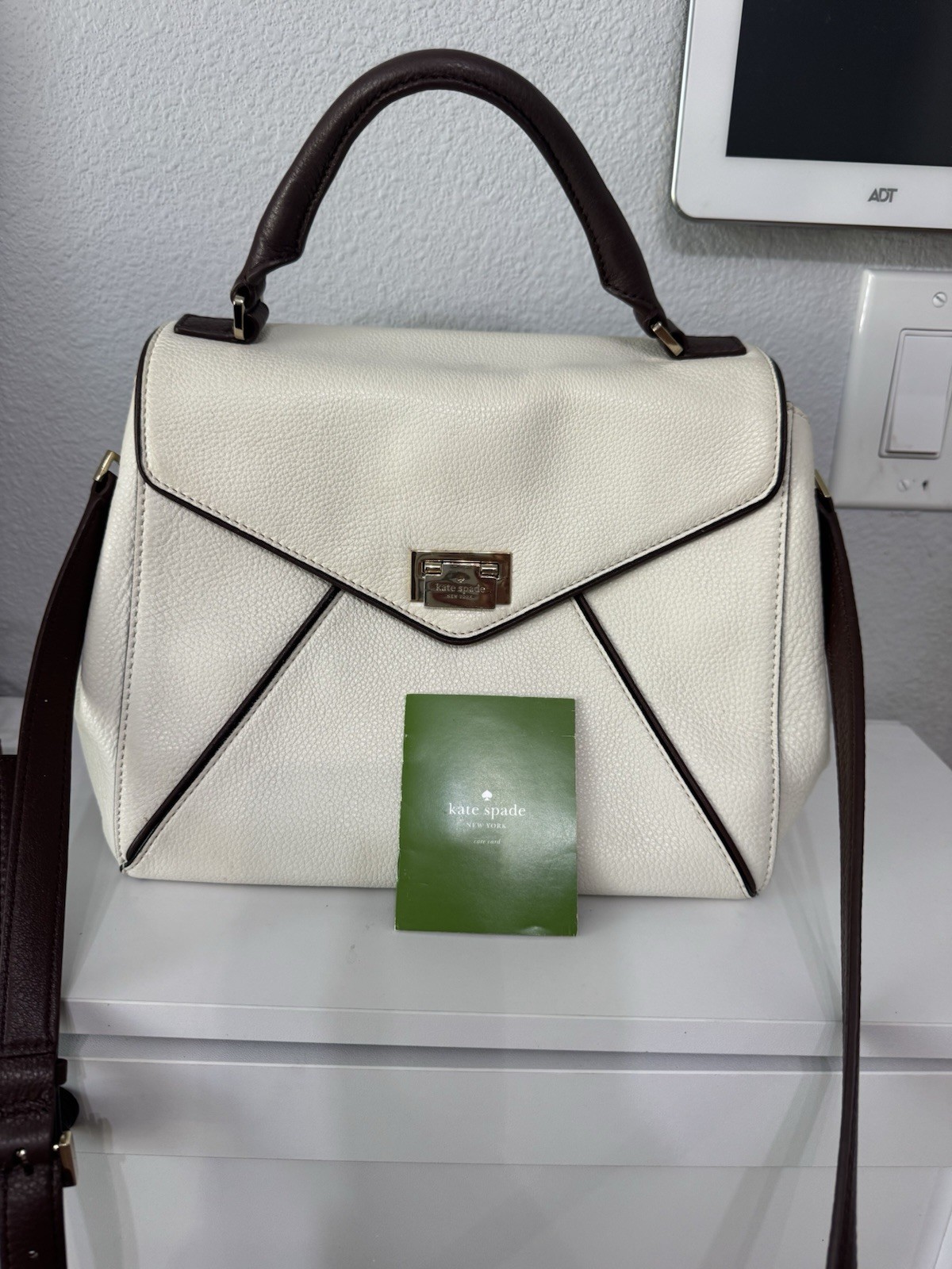 Kate Spade New York Ivory Brown Medium Satchel Top Handle Push Lock Det Strap