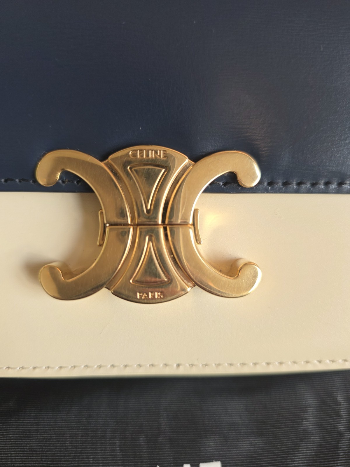 Celine Nano Triomphe Bag in Shiny Calfskin – Navy Blue/Vanilla